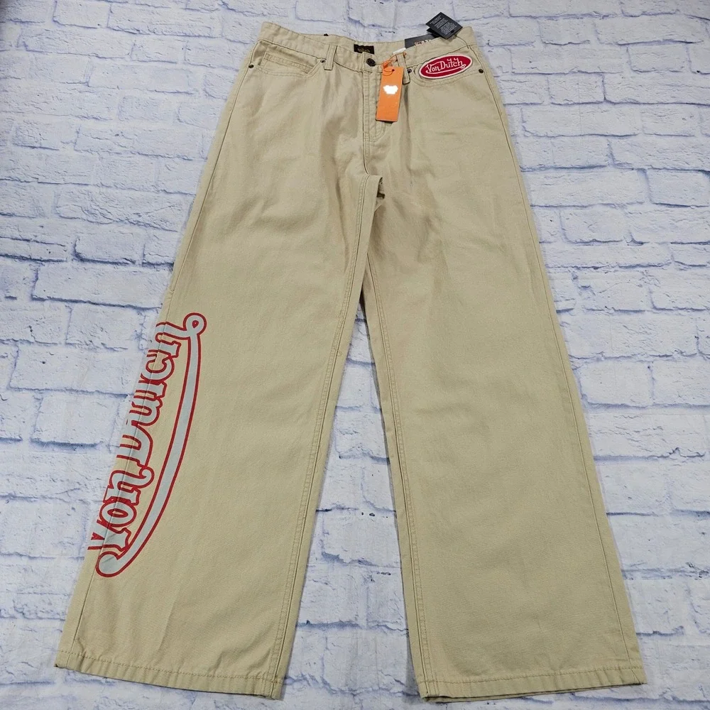 Von Dutch Canvas Trousers Mens 30 Khaki Wide Leg Red Logo Y2K Streetwear